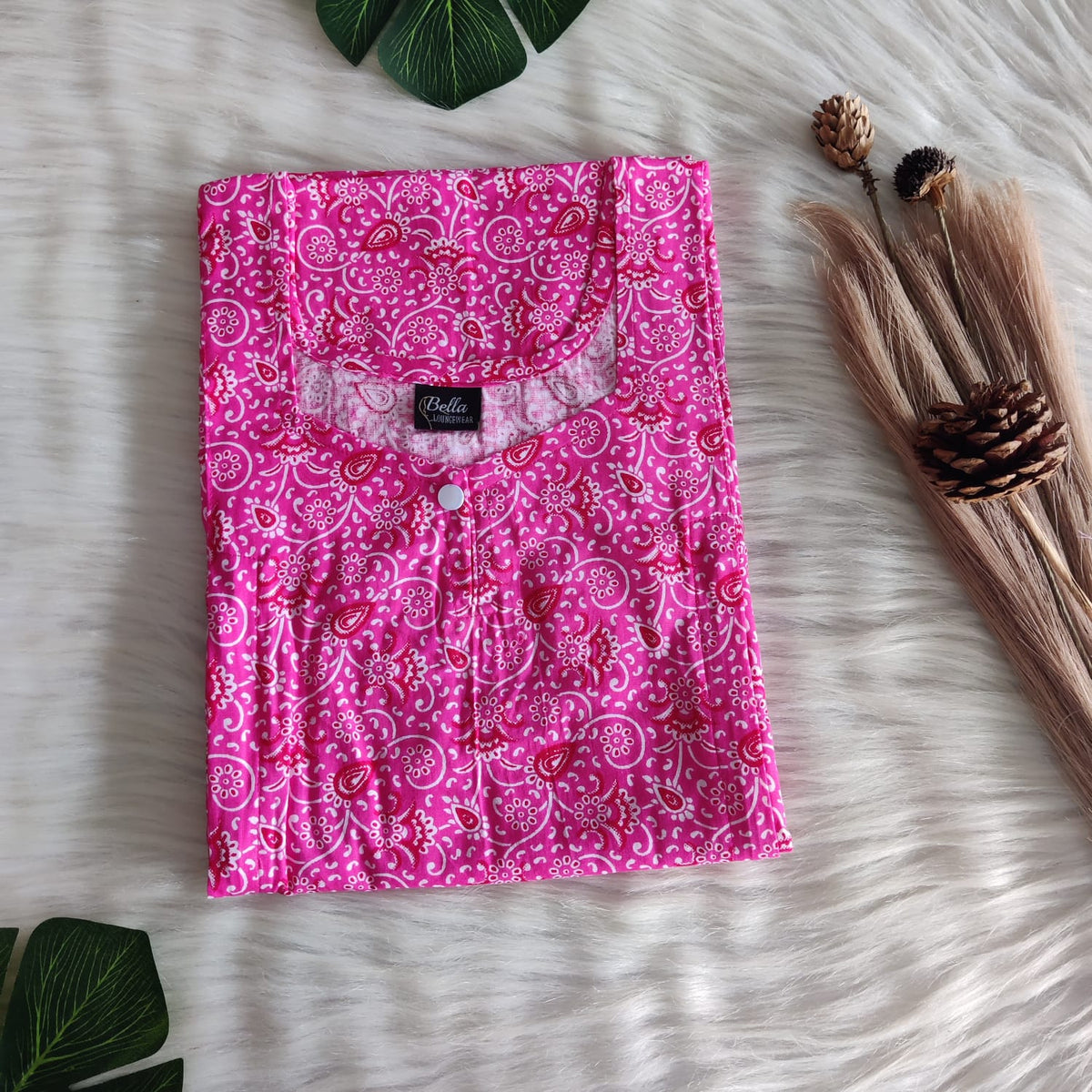 Pink Printed Premium Cotton Aline Cut Vertical Zip Feeding Nighty | Free Size | Chest Width 44″| Length 54″-56″