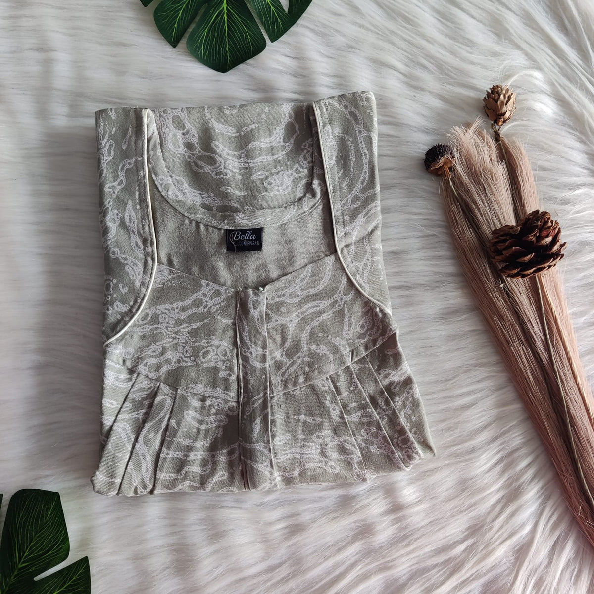 Pastel Green Printed Alfine Pleated Zip Nighty | Free Size | Chest Width 44″| Length 54″-55″