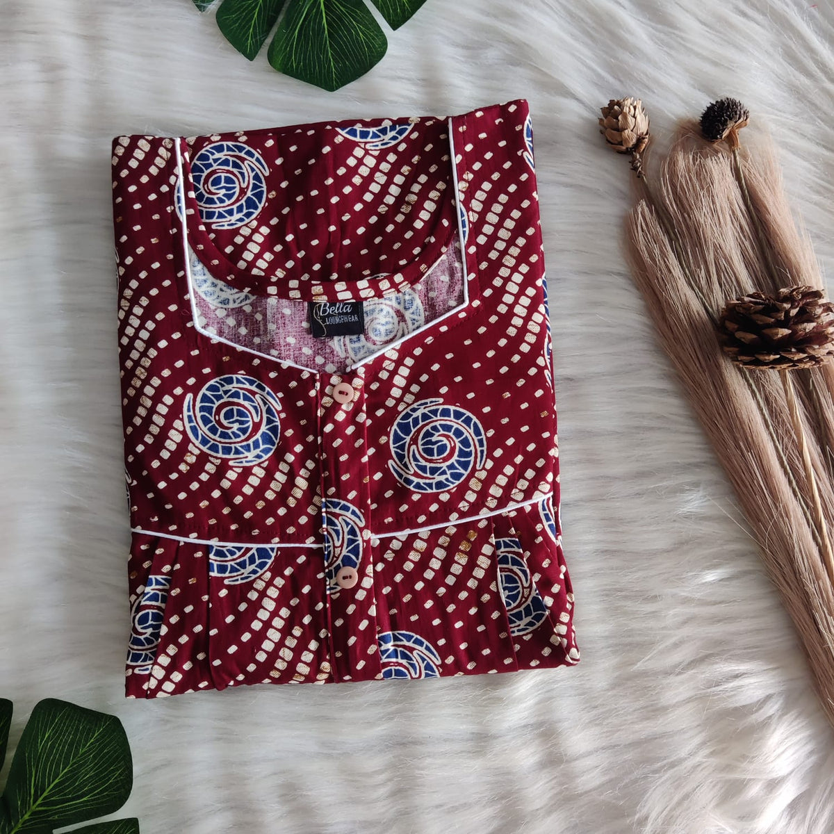 Maroon Printed Gujari Cotton Button Zip Nighty | Free Size | Chest Width 44″| Length 55″-56″