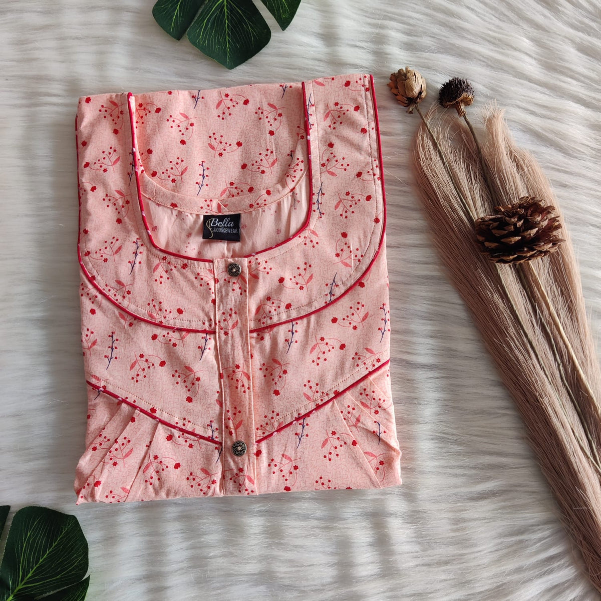 Pastel Orange Printed Pure Cotton Long Zip Pleated Nighty | Chest Width 44″ | Length 56″