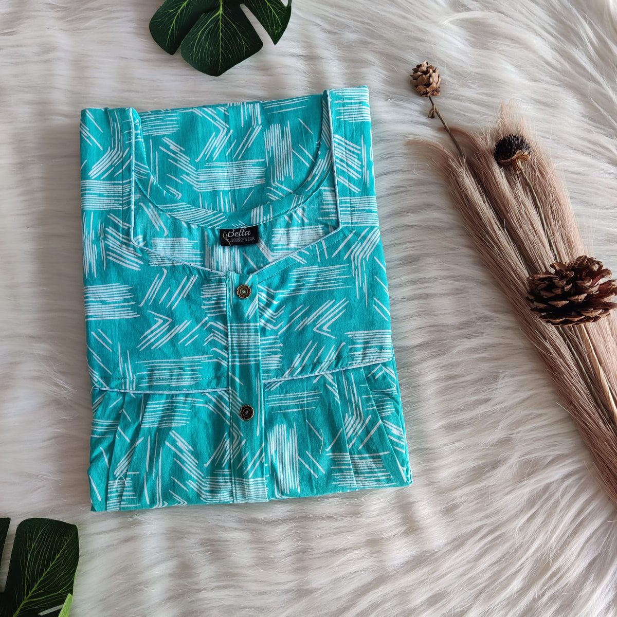 Garage Sales - Aqua Blue Printed Premium Cotton Button Zip Nighty | Free Size | Chest Width 44″| Length 55″-56″