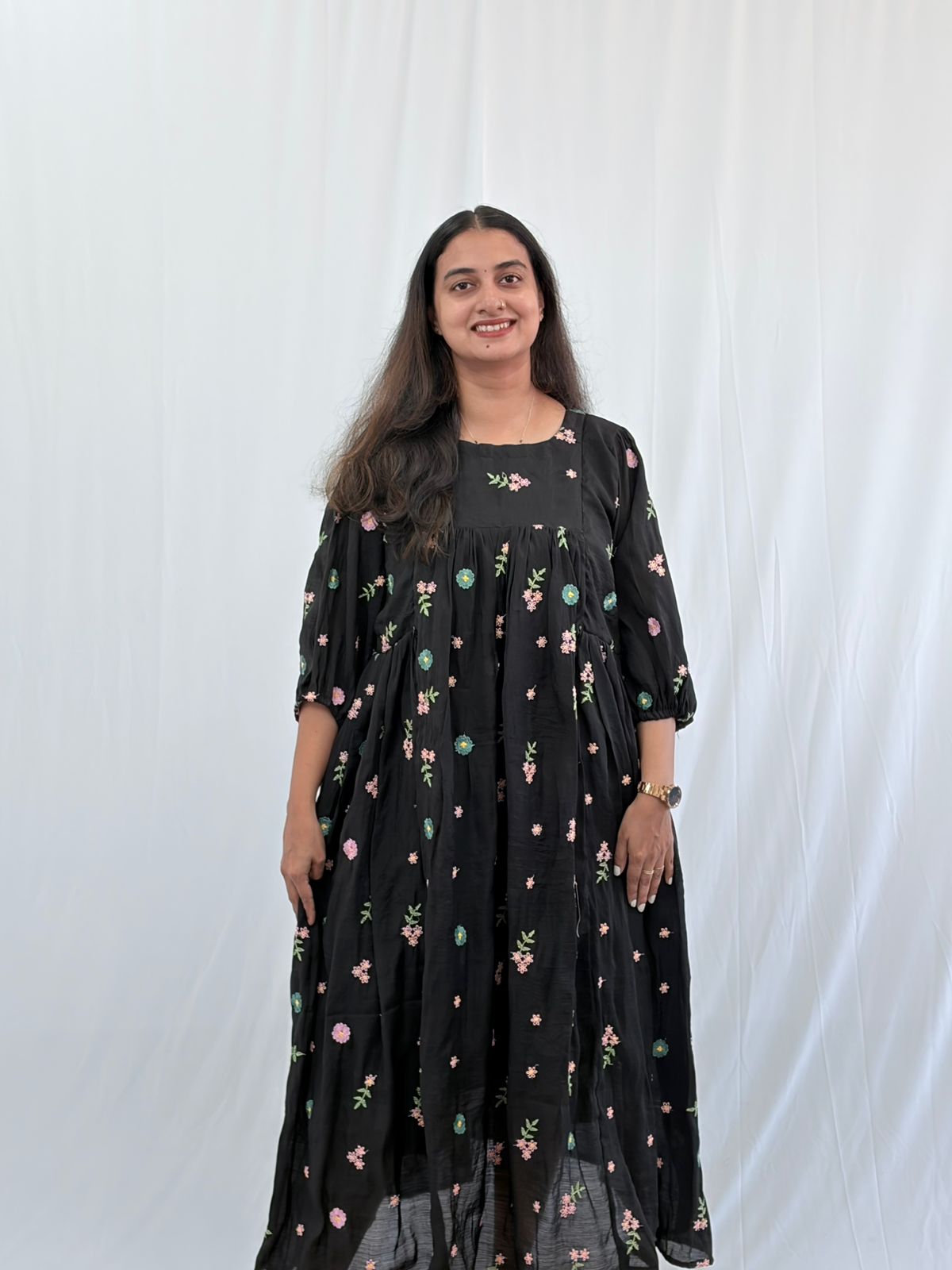 Black Floral Embroidered Mul Chanderi Feeding Kurti With Two Side Invisible Zip | Free Size | 46" length