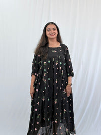 Black Floral Embroidered Mul Chanderi Feeding Kurti With Two Side Invisible Zip | Free Size | 46" length