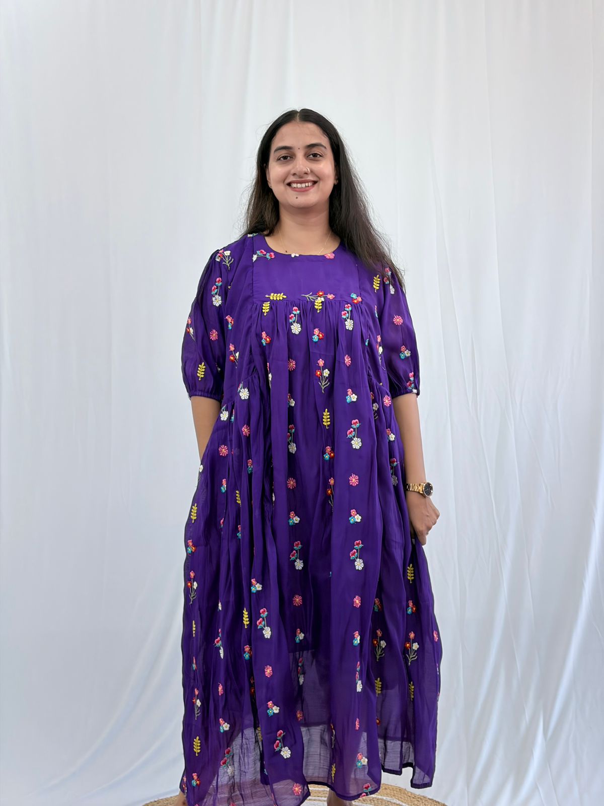 Violet Floral Embroidered Mul Chanderi Feeding Kurti With Two Side Invisible Zip | Free Size | 46" length