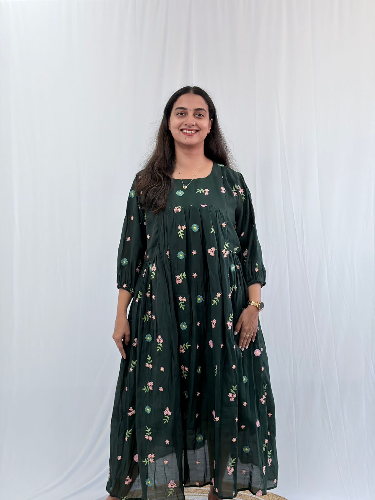 Green Floral Embroidered Mul Chanderi Feeding Kurti With Two Side Invisible Zip | Free Size | 46" length