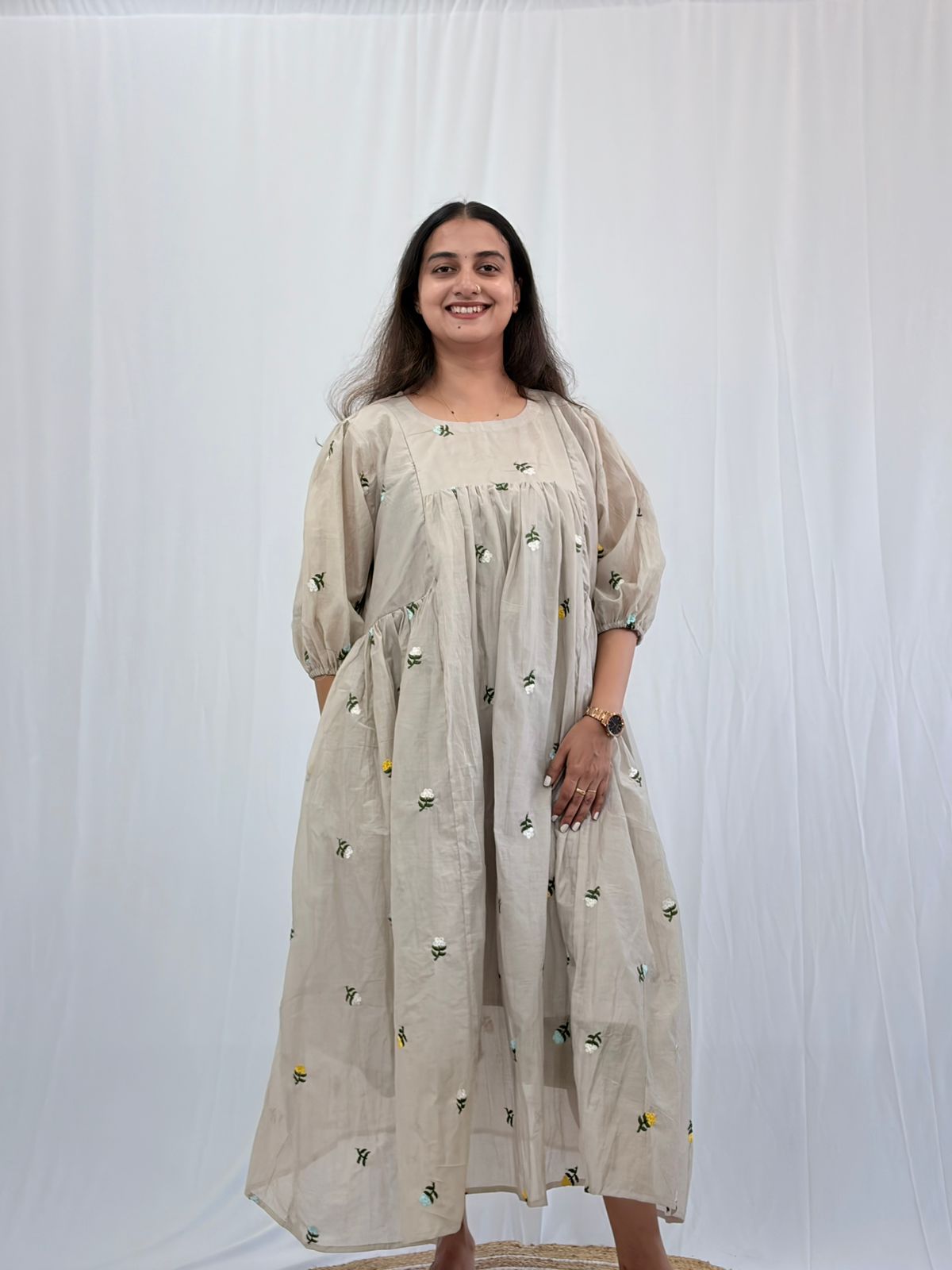 Beige Floral Embroidered Mul Chanderi Feeding Kurti With Two Side Invisible Zip | Free Size | 46" length