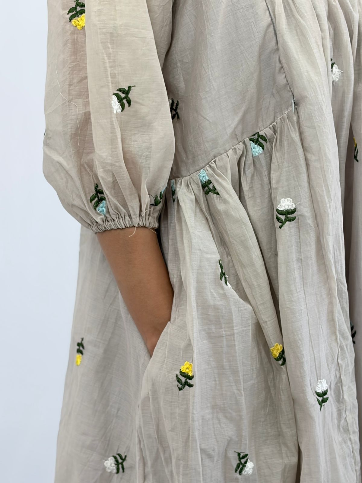Beige Floral Embroidered Mul Chanderi Feeding Kurti With Two Side Invisible Zip | Free Size | 46" length