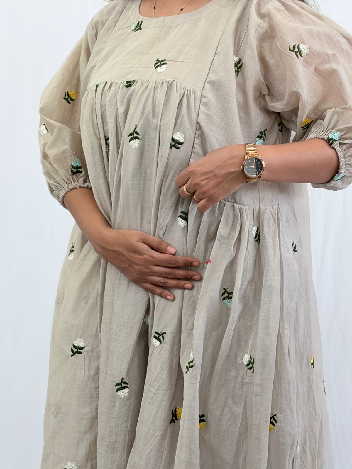 Beige Floral Embroidered Mul Chanderi Feeding Kurti With Two Side Invisible Zip | Free Size | 46" length