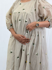 Beige Floral Embroidered Mul Chanderi Feeding Kurti With Two Side Invisible Zip | Free Size | 46" length
