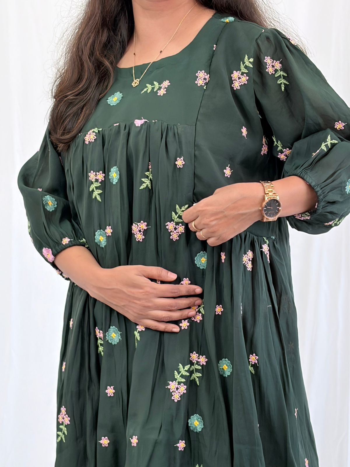 Green Floral Embroidered Mul Chanderi Feeding Kurti With Two Side Invisible Zip | Free Size | 46" length