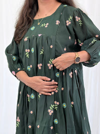 Green Floral Embroidered Mul Chanderi Feeding Kurti With Two Side Invisible Zip | Free Size | 46" length