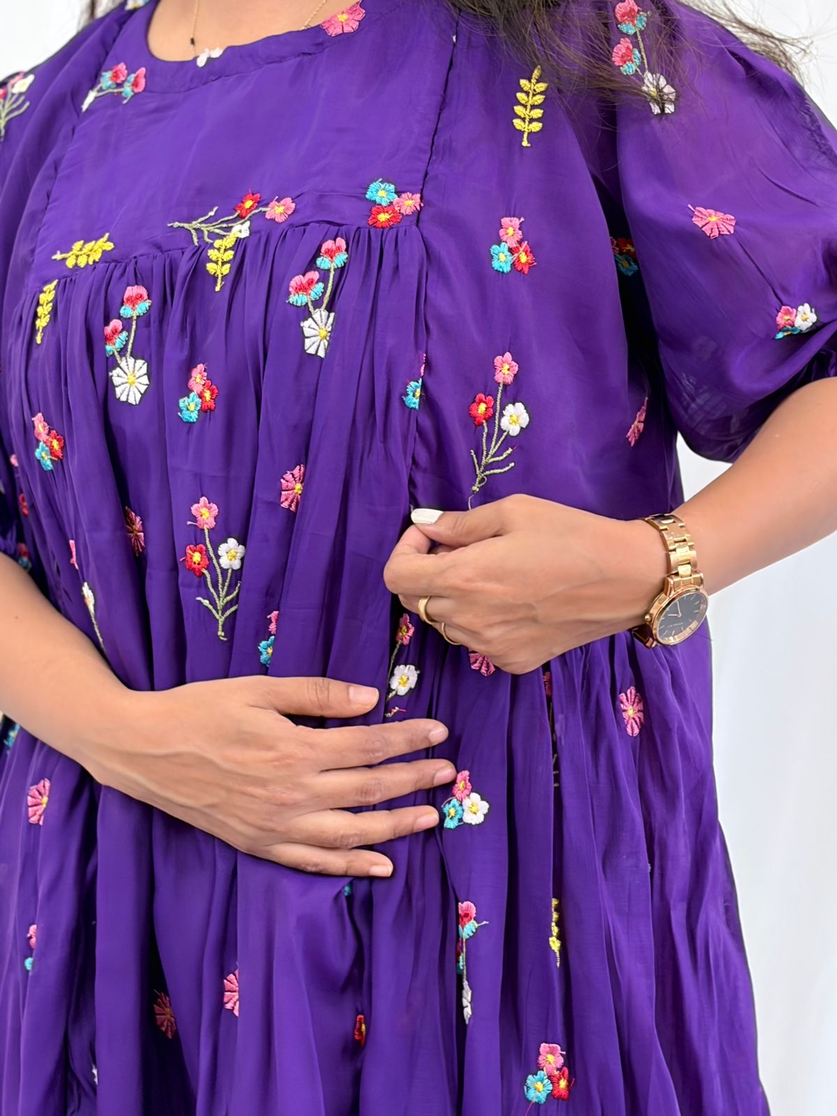 Violet Floral Embroidered Mul Chanderi Feeding Kurti With Two Side Invisible Zip | Free Size | 46" length
