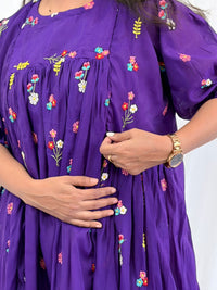Violet Floral Embroidered Mul Chanderi Feeding Kurti With Two Side Invisible Zip | Free Size | 46" length