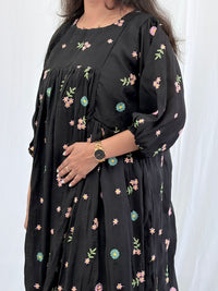 Black Floral Embroidered Mul Chanderi Feeding Kurti With Two Side Invisible Zip | Free Size | 46" length