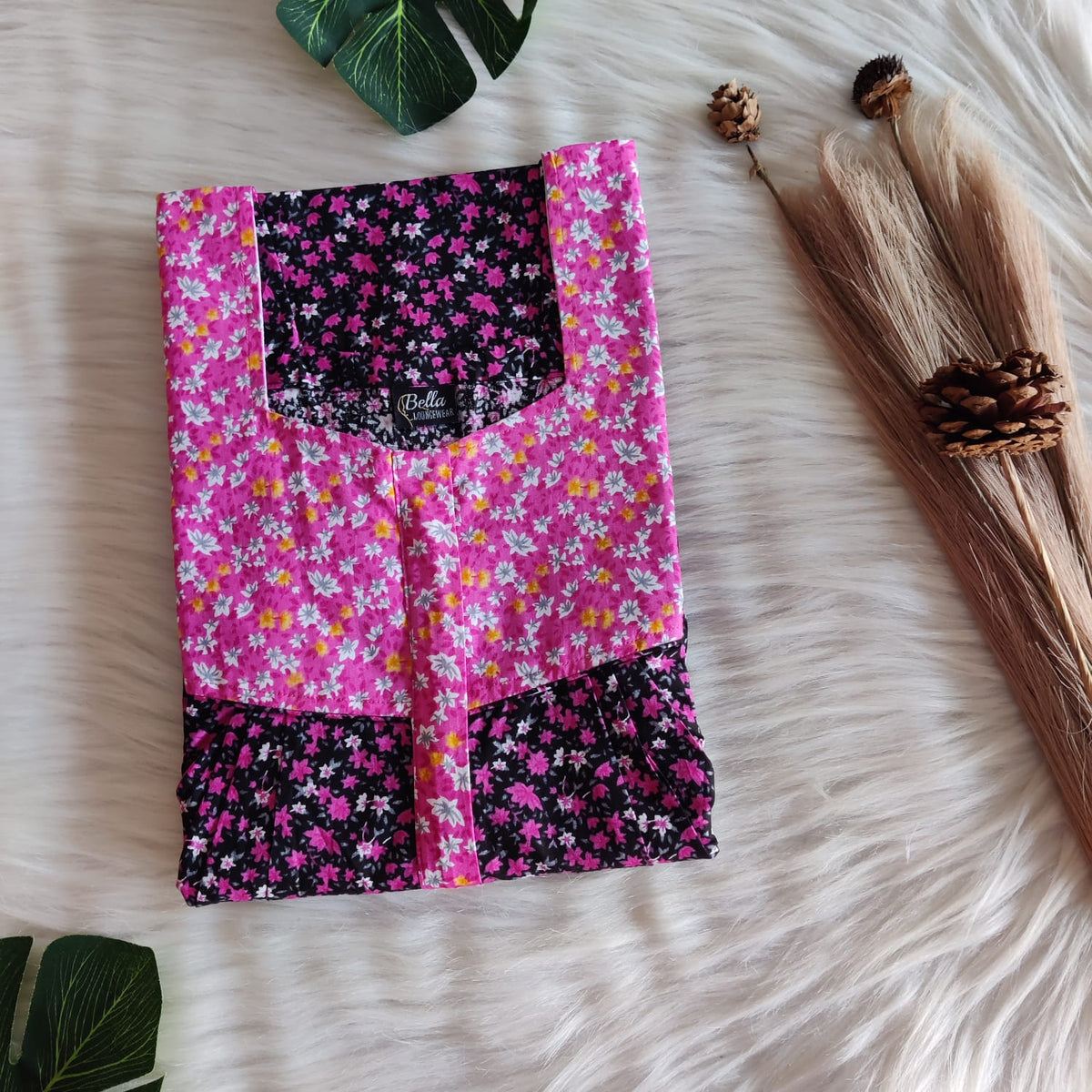 Pink And Black Printed Premium Cotton Square Neck Pleated Nighty | Free Size | Chest Width 44″| Length 55″-56″
