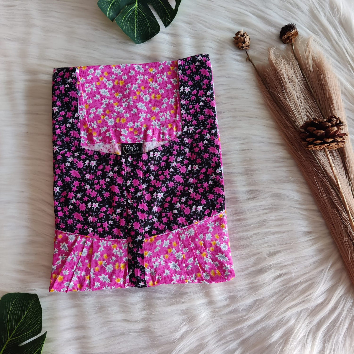 Black And Pink Printed Premium Cotton Square Neck Pleated Nighty | Free Size | Chest Width 44″| Length 55″-56″