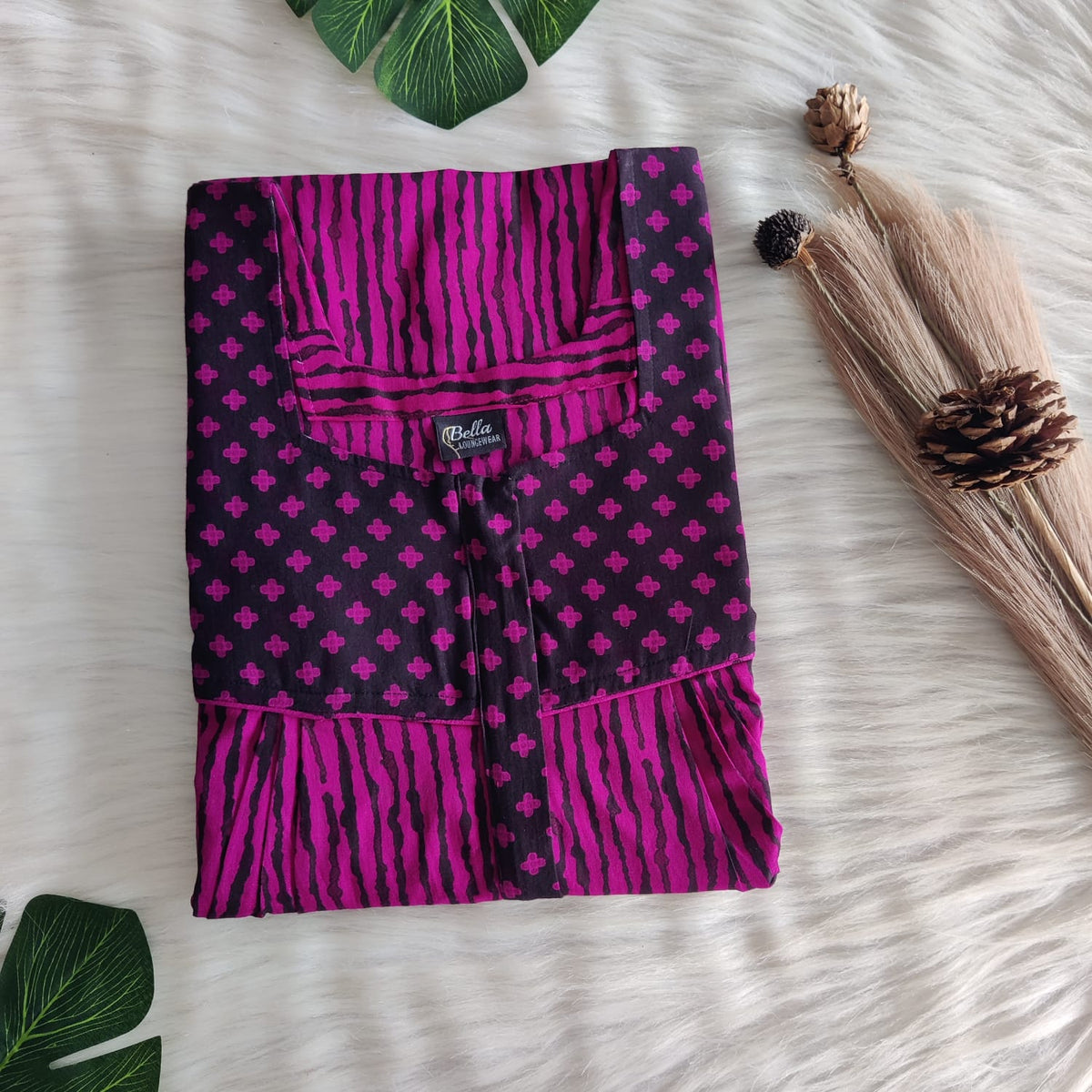 Black And Pink Stripes Printed Premium Cotton Square Neck Pleated Nighty | Free Size | Chest Width 44″| Length 55″-56″