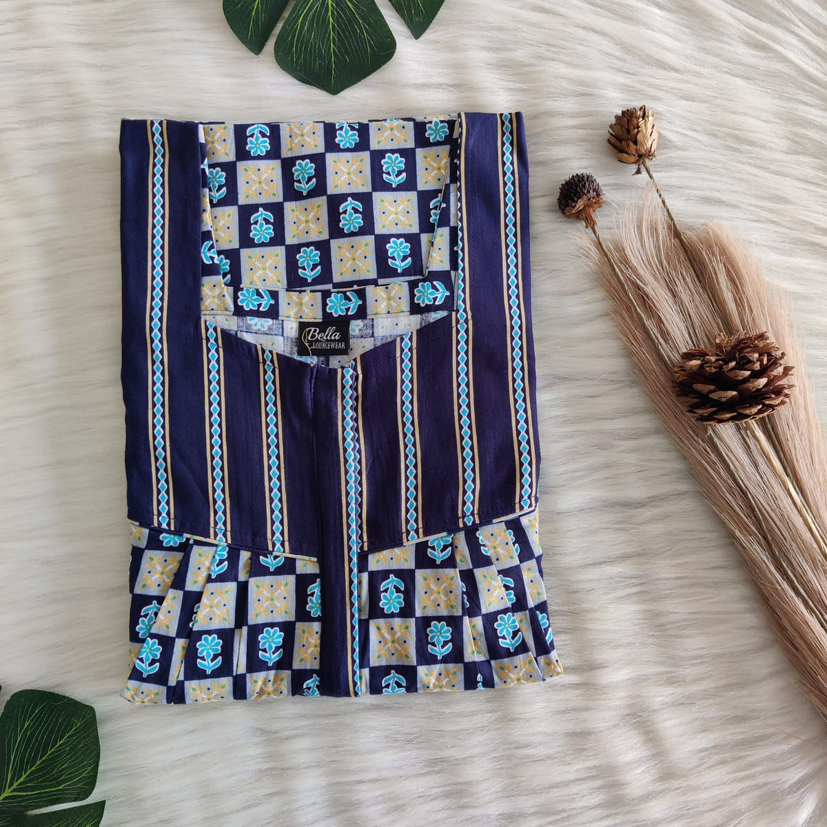 Navy Blue And Yellow Check Printed Premium Cotton Square Neck Pleated Nighty | Free Size | Chest Width 44″| Length 55″-56″