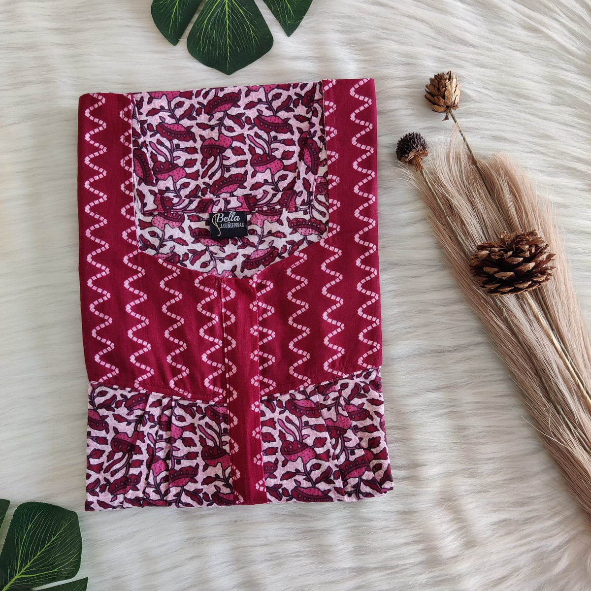 Red And White Printed Premium Cotton Square Neck Pleated Nighty | Free Size | Chest Width 44″| Length 55″-56″