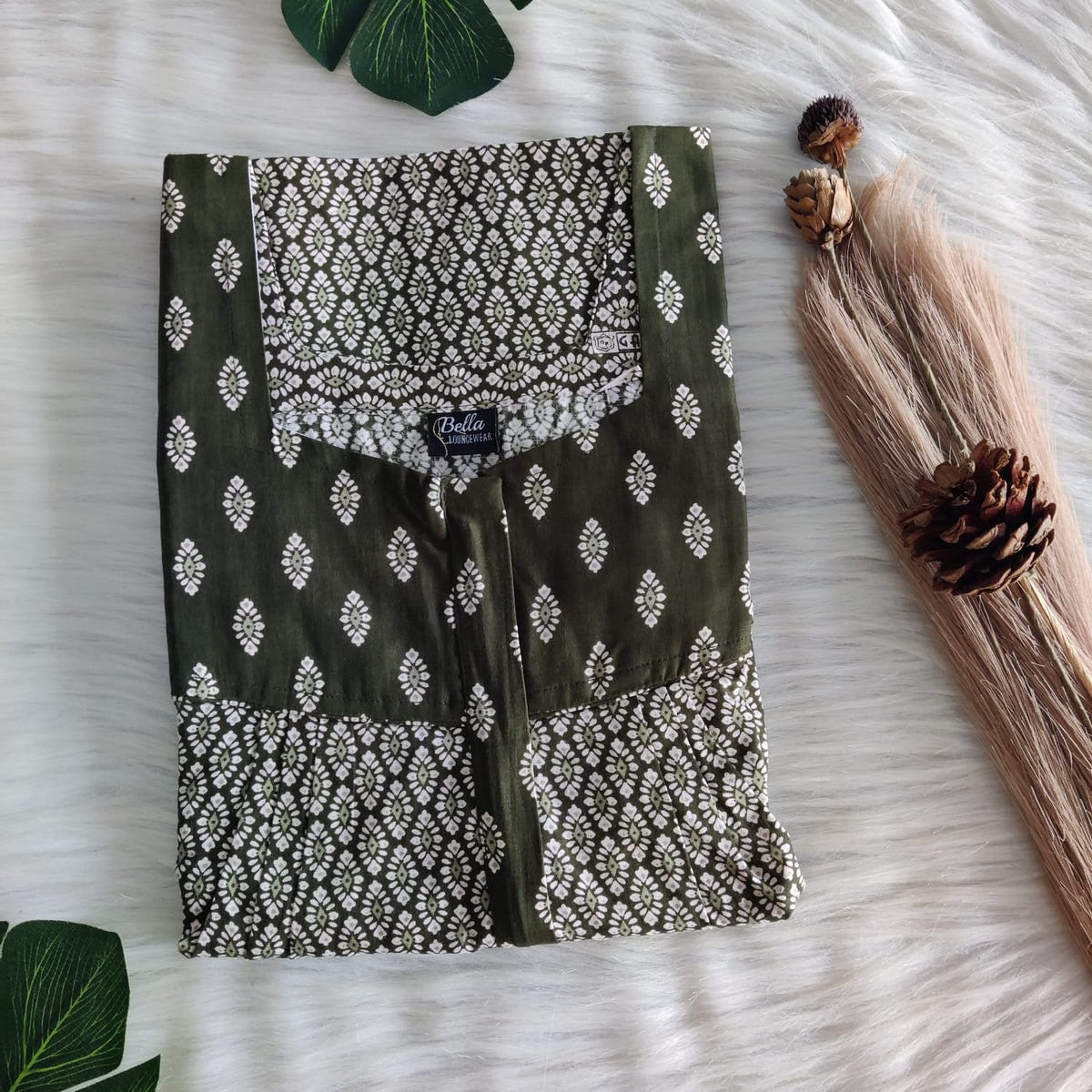 Green And White Printed Premium Cotton Square Neck Pleated Nighty | Free Size | Chest Width 44″| Length 55″-56″