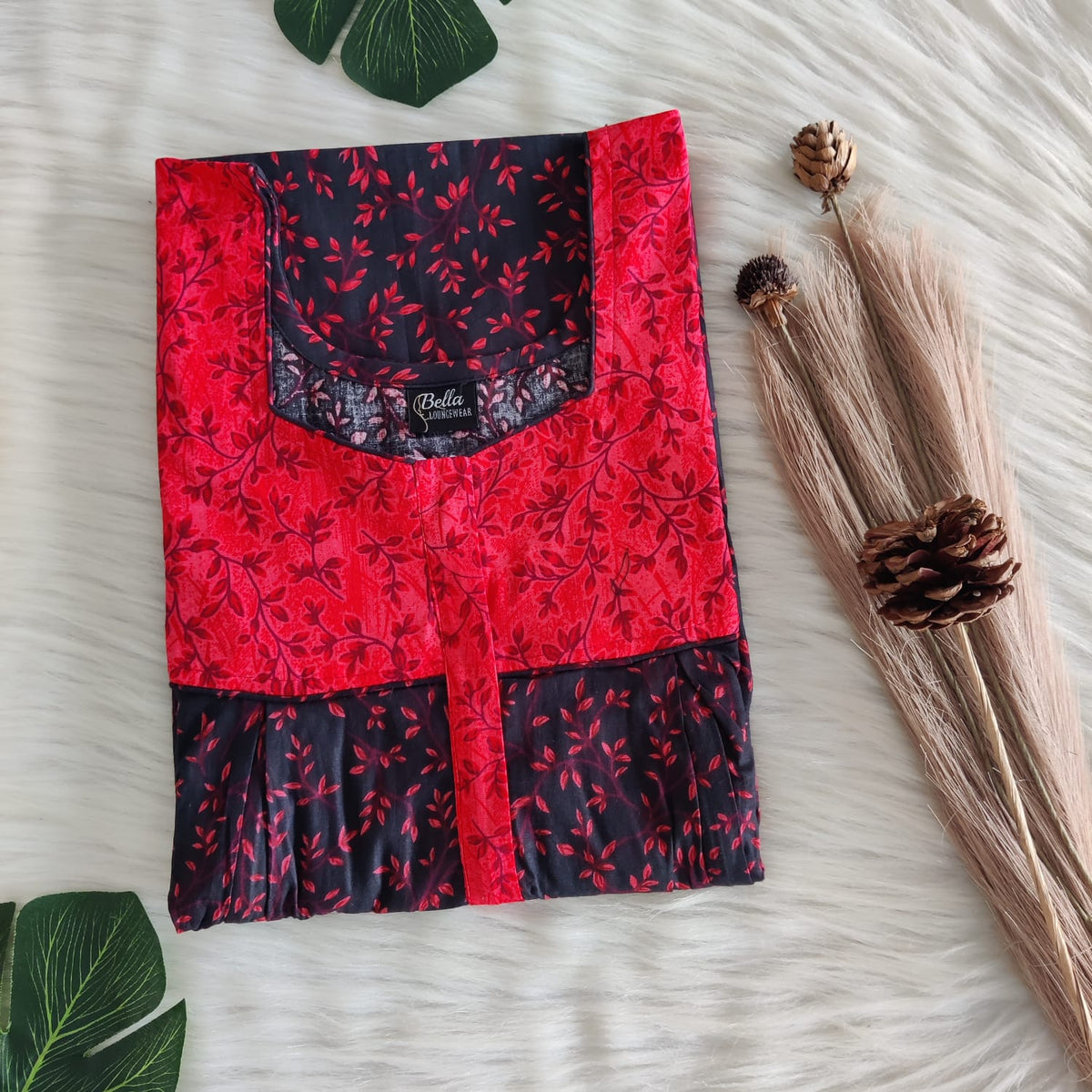 Red And Black Printed Premium Cotton Pleated Vertical Zip Feeding Nighty | Free Size | Chest Width 44″| Length 54″-56″