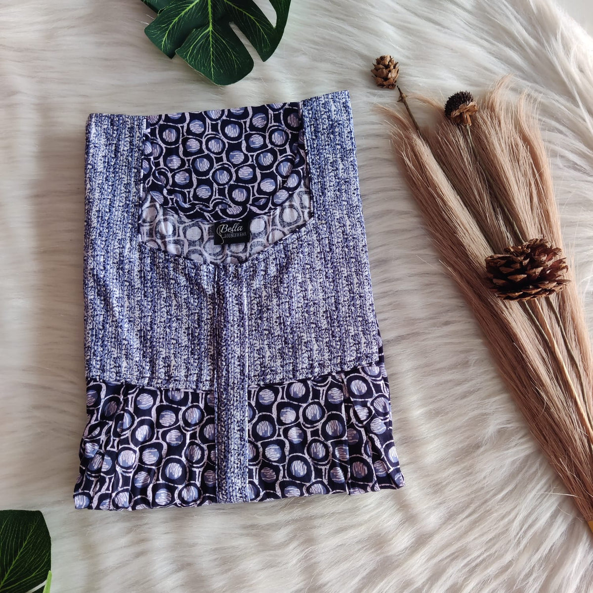 White And Navy Blue Printed Premium Cotton Pleated Vertical Zip Feeding Nighty | Free Size | Chest Width 44″| Length 54″-56″