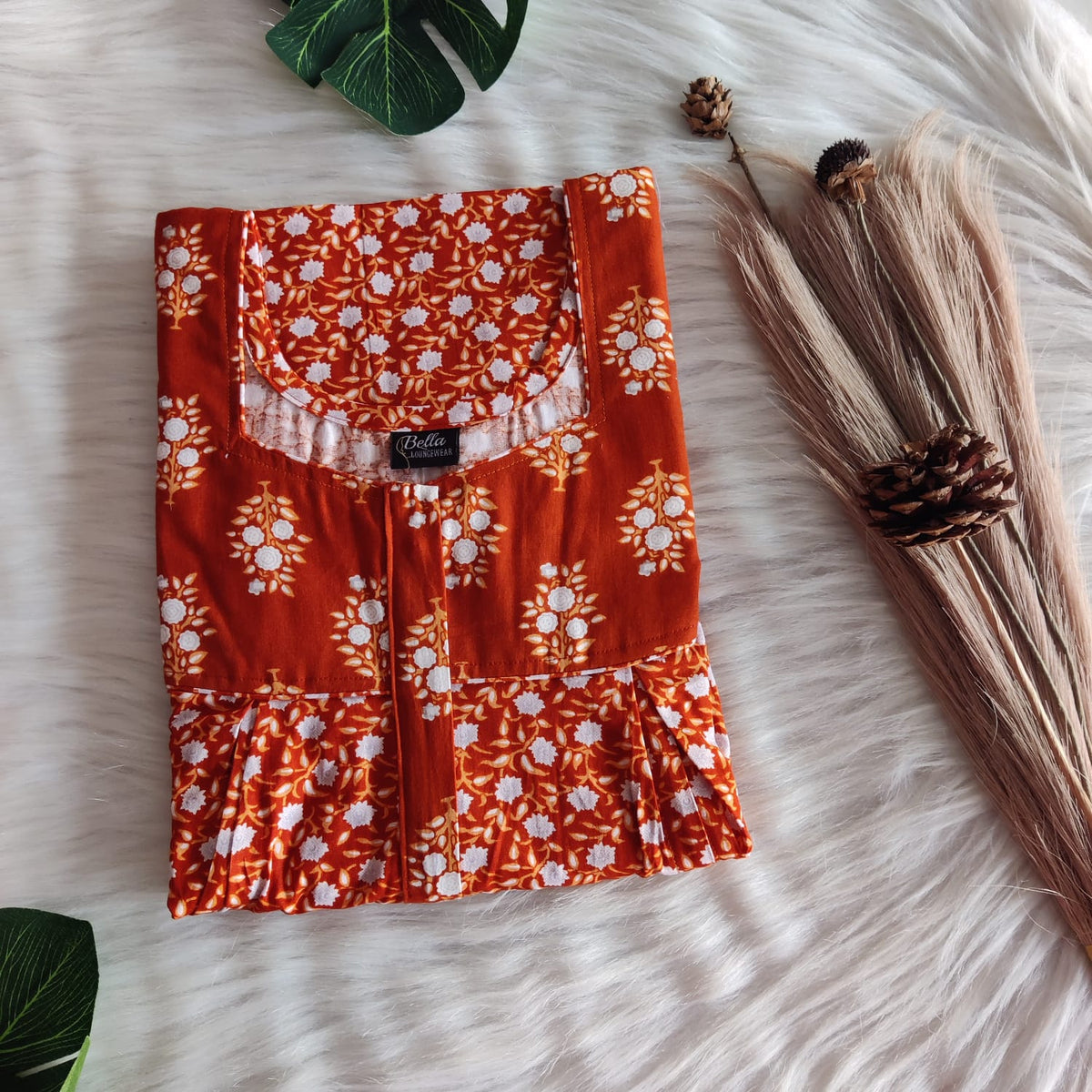 Brown And White Floral Printed Premium Cotton Pleated Vertical Zip Feeding Nighty | Free Size | Chest Width 44″| Length 54″-56″