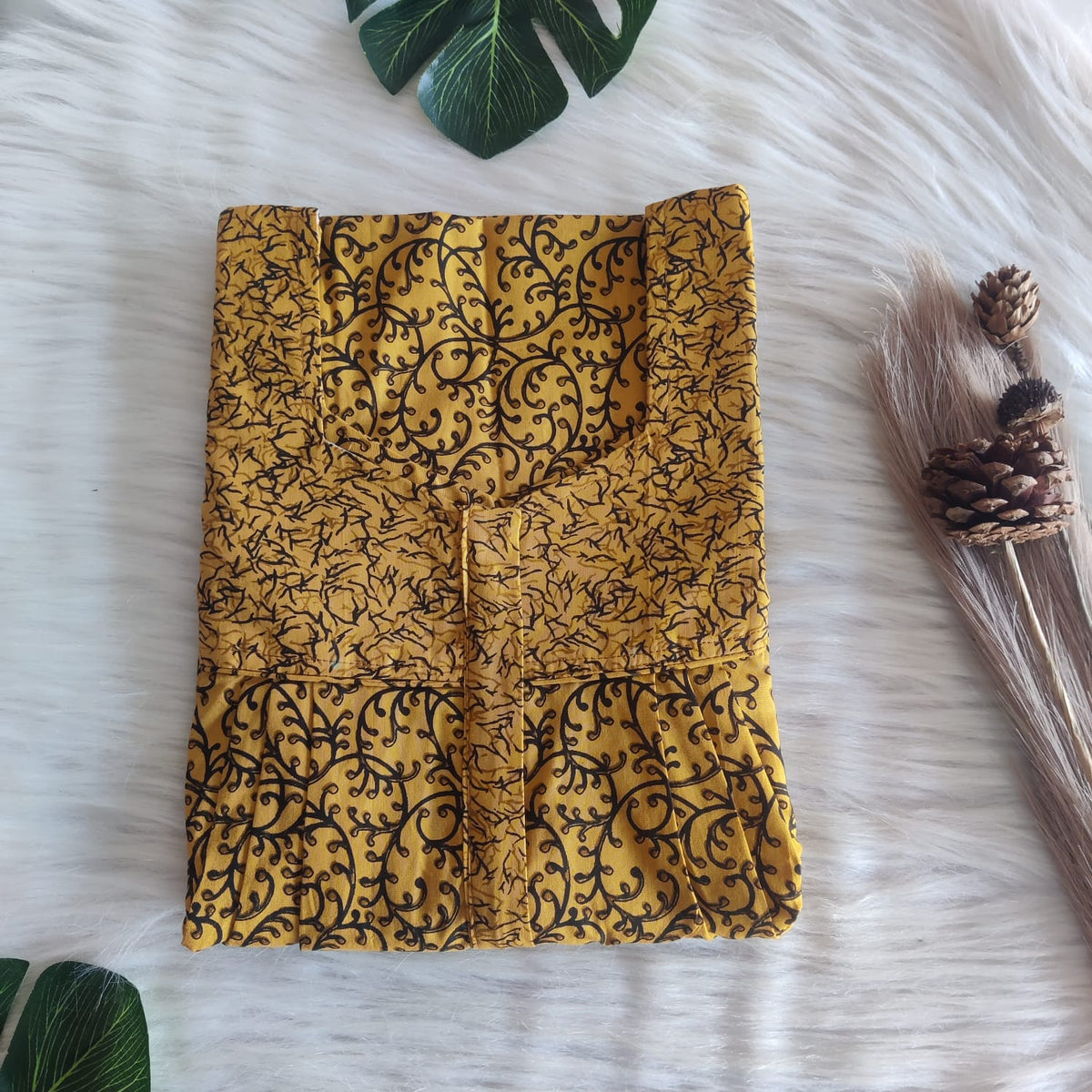 Mustard Yellow And Black Premium Cotton Square Neck Pleated Nighty | Free Size | Chest Width 44″| Length 55″-56″