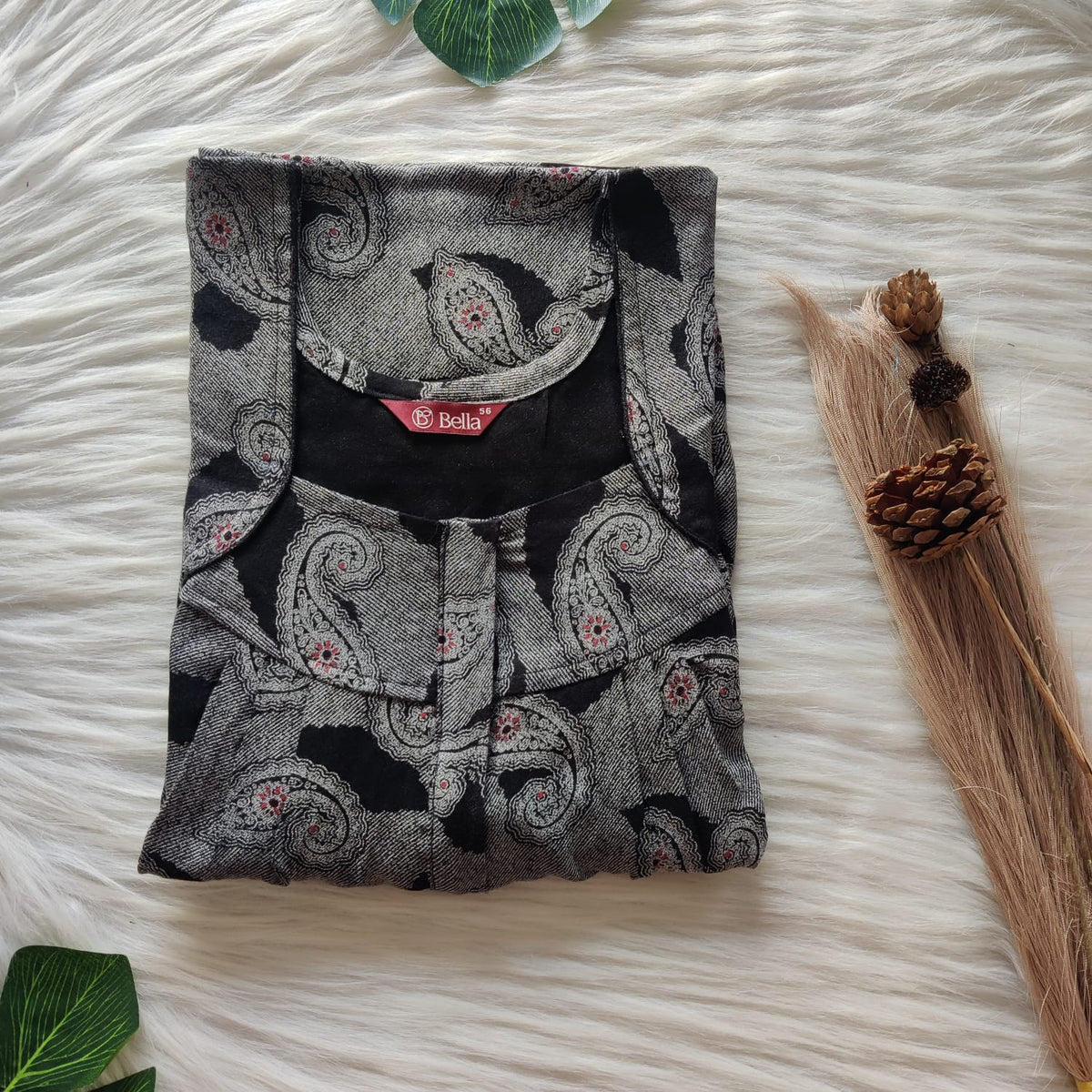 Black Kalamkari Printed Alfine Plus Size Pleated Zip Nighty | Chest Width 50″| Length 54″-56″