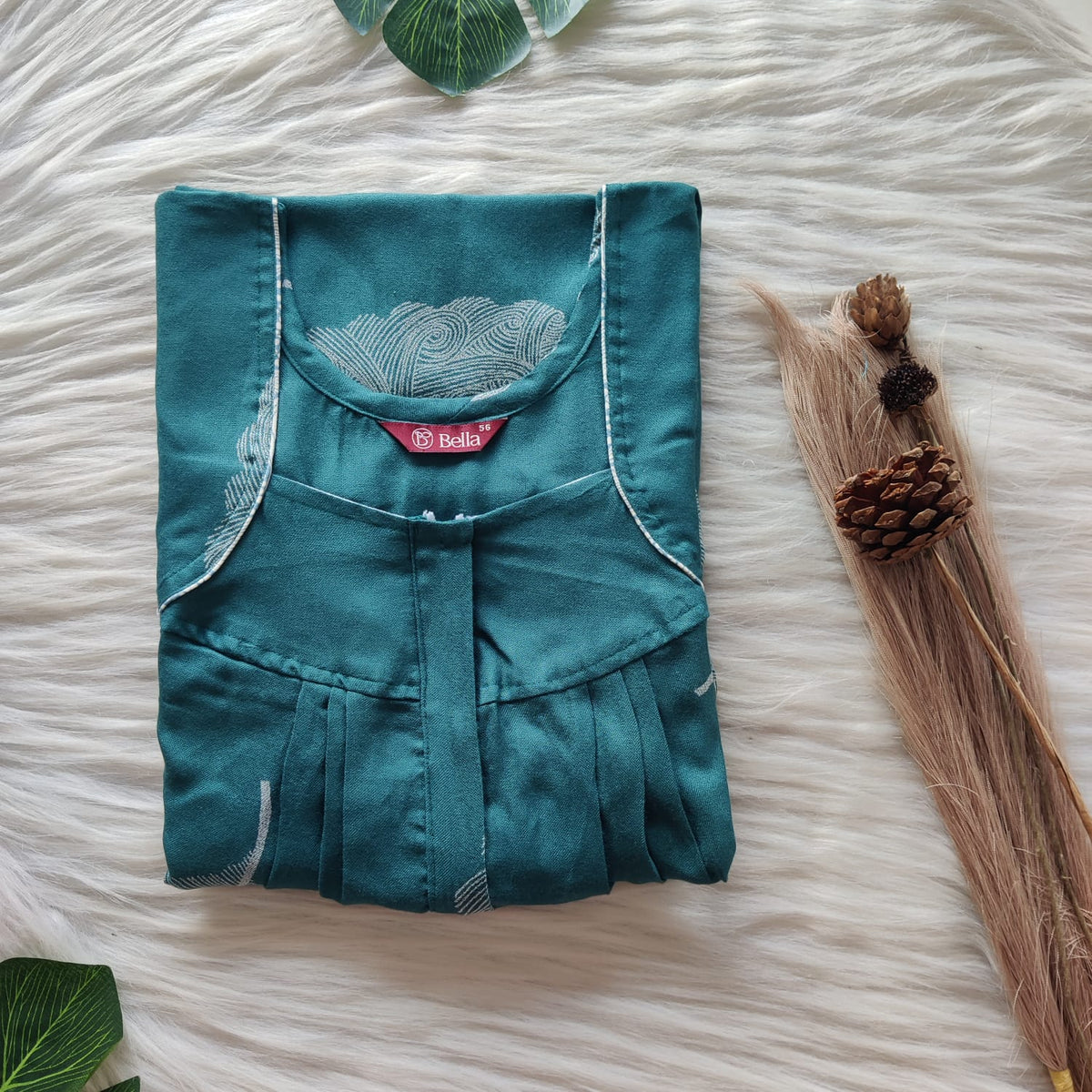 Teal Green Printed Alfine Plus Size Pleated Zip Nighty | Chest Width 50″| Length 54″-56″