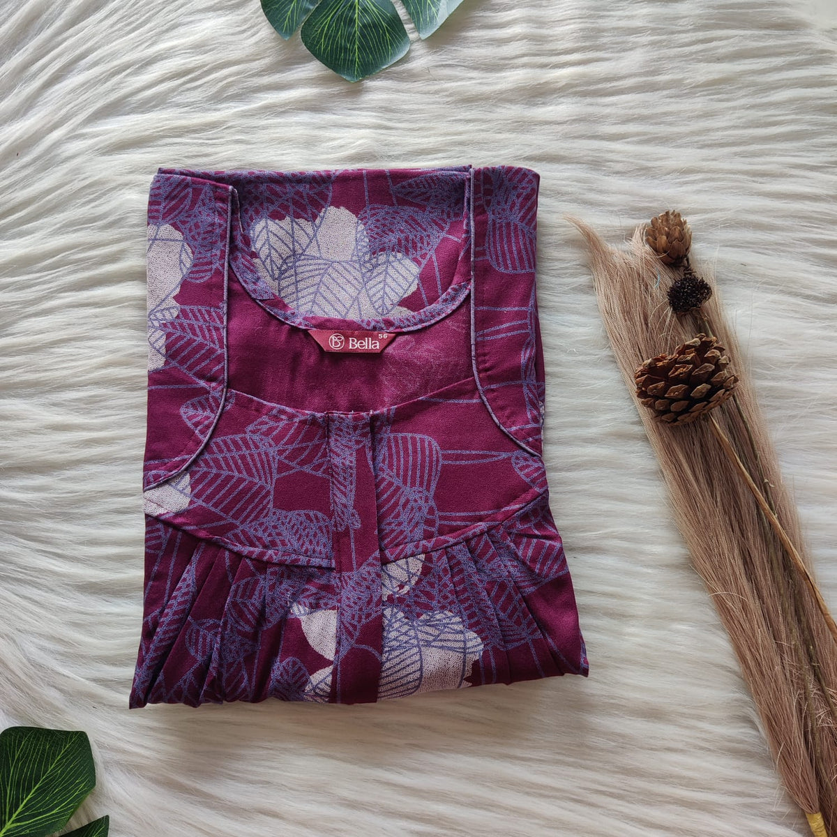 Grey Printed Wine Alfine Pleated Zip Nighty | Free Size | Chest Width 44″| Length 54″-55″