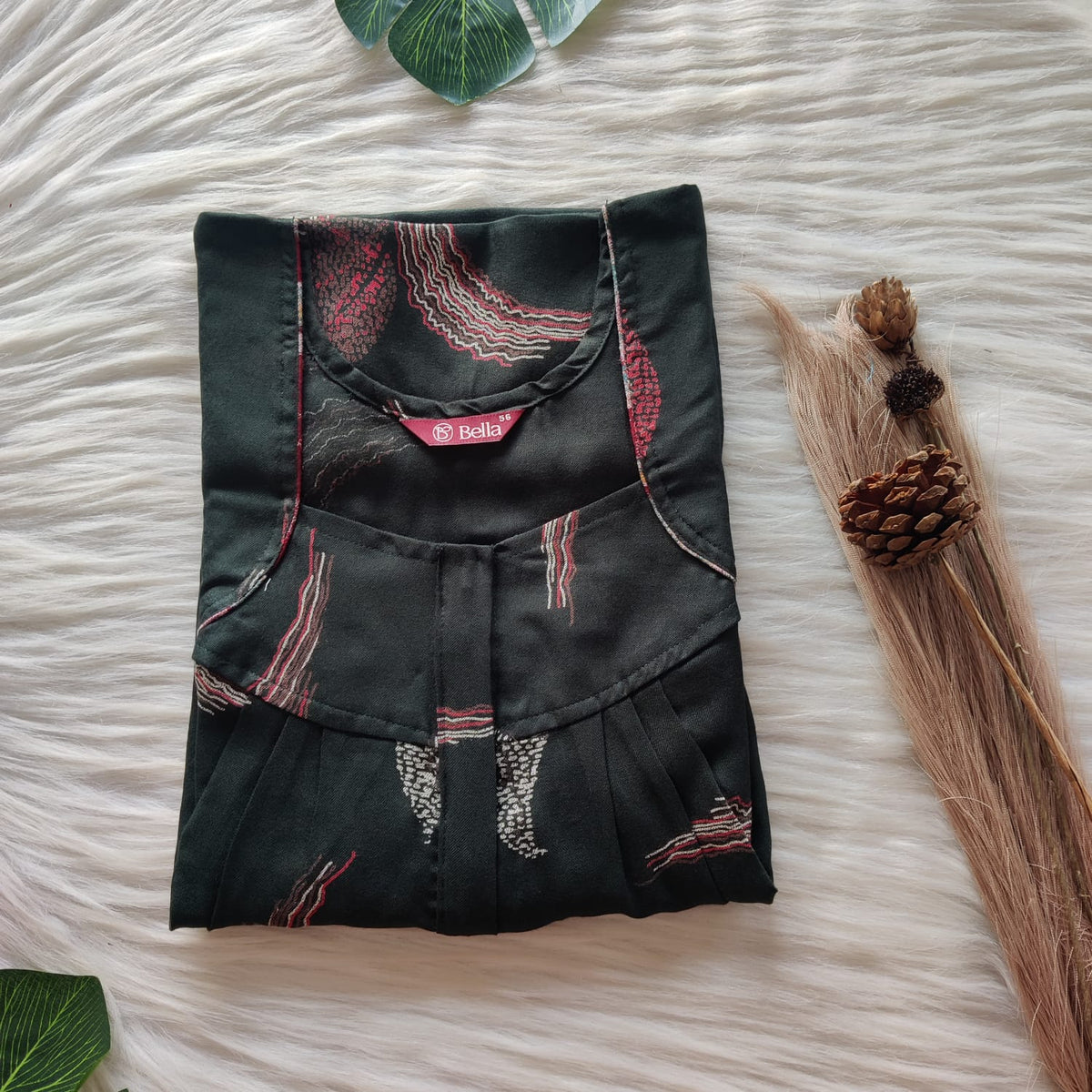 Dark Green Printed Alfine Plus Size Pleated Zip Nighty | Chest Width 50″| Length 54″-56″
