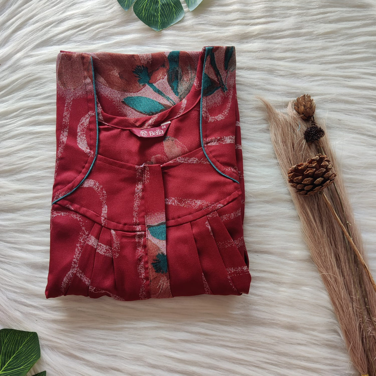 Brick Red Printed Alfine Pleated Zip Nighty | Free Size | Chest Width 44″| Length 54″-55″