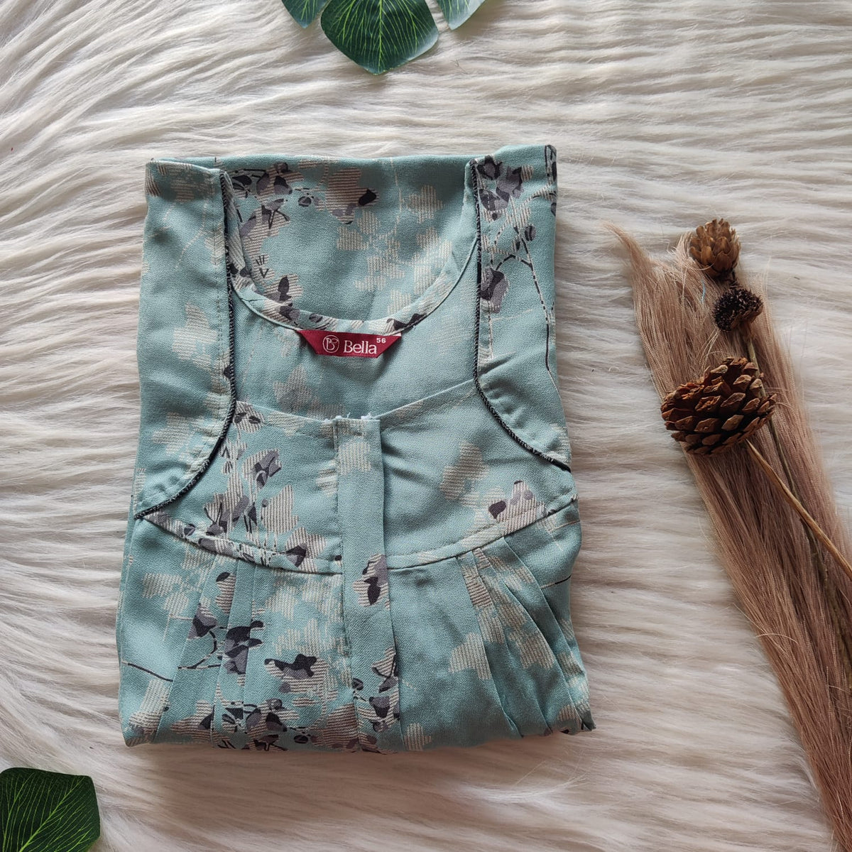 Pastel Blue Printed Alfine Pleated Zip Nighty | Free Size | Chest Width 44″| Length 54″-55″