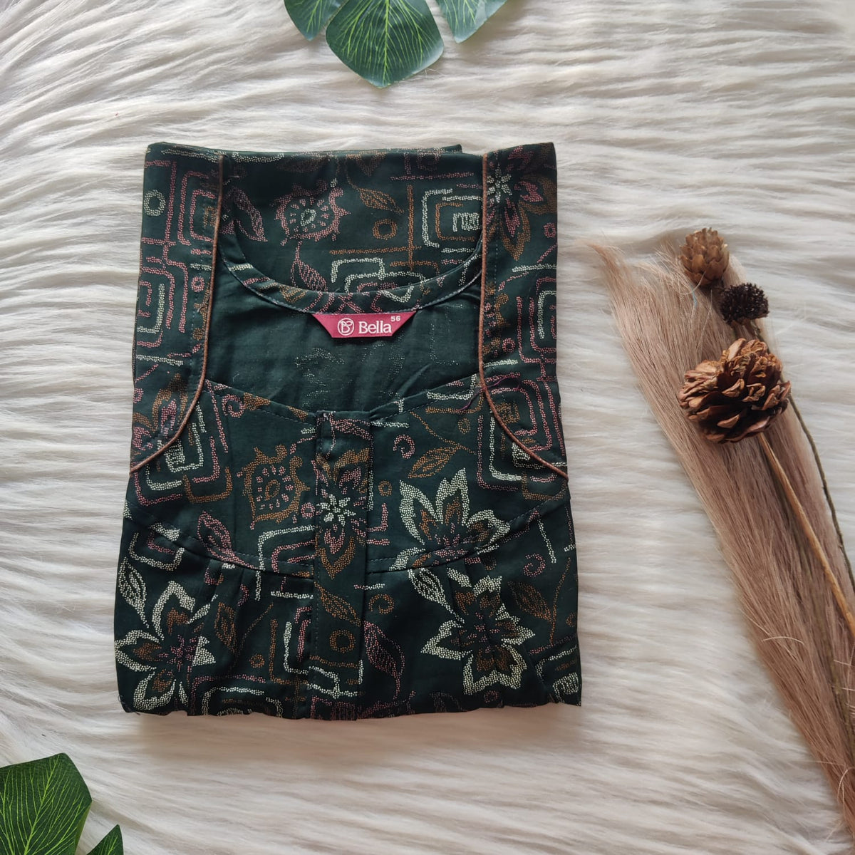 Dark Green Floral Printed Discharge Cotton Pleated Zip Nighty | Chest Width 44″ | Length 54″-55″
