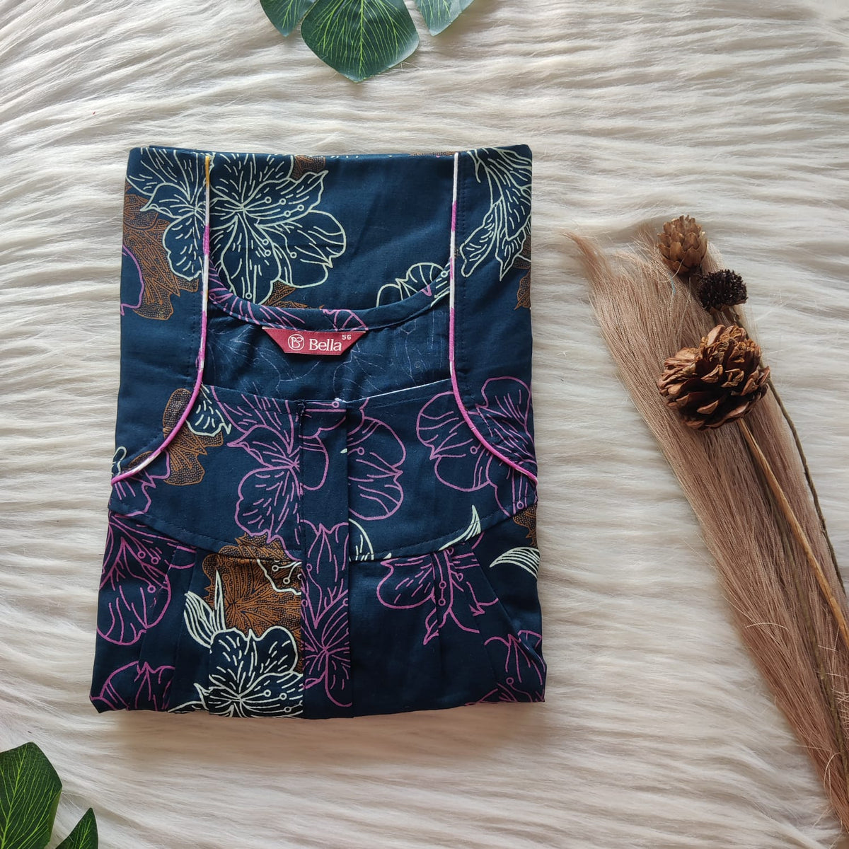 Pink Floral Printed Navy Blue Discharge Cotton Pleated Zip Nighty | Chest Width 44″ | Length 54″-55″