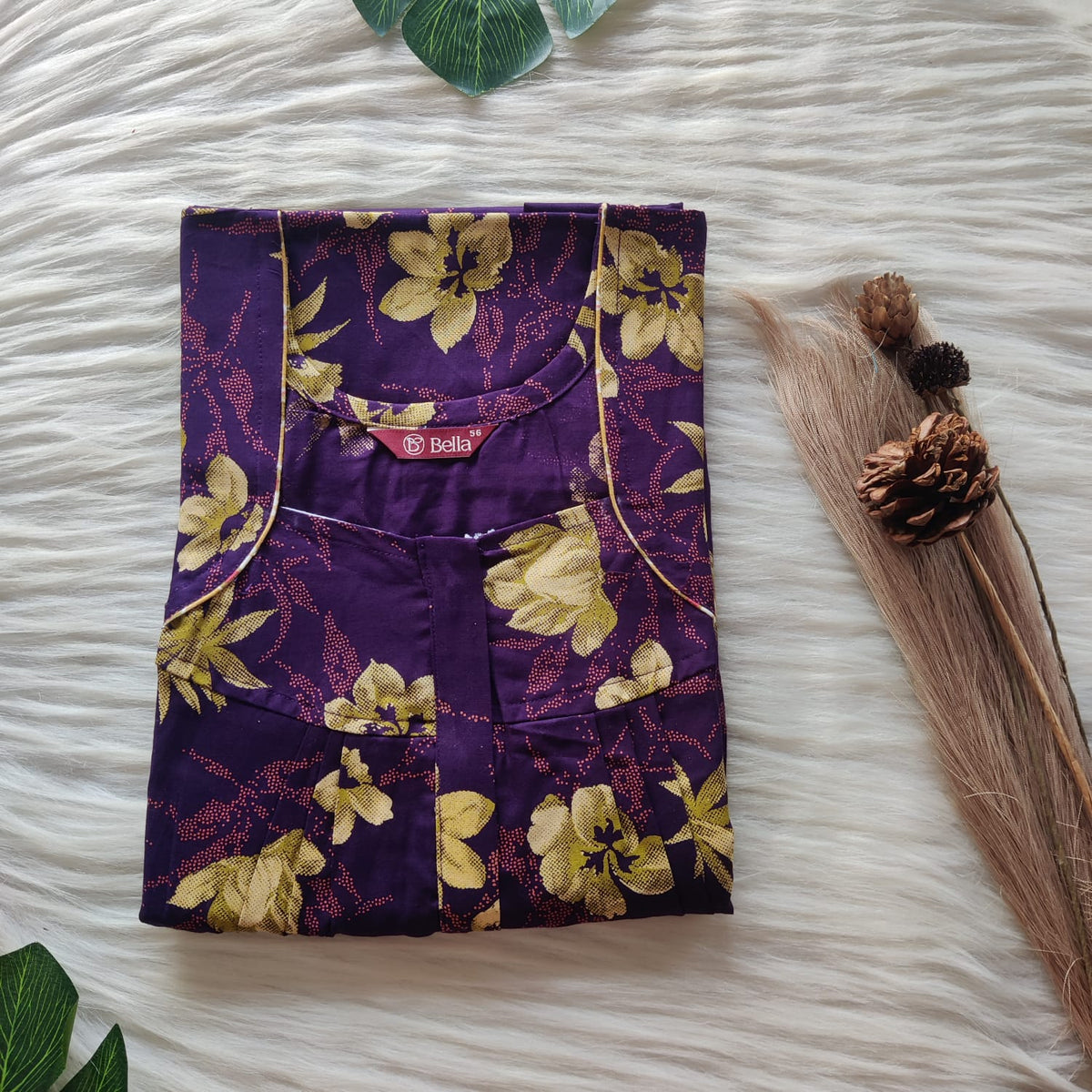 Yellow Floral Printed Purple Discharge Cotton Pleated Zip Nighty | Chest Width 44″ | Length 54″-55″
