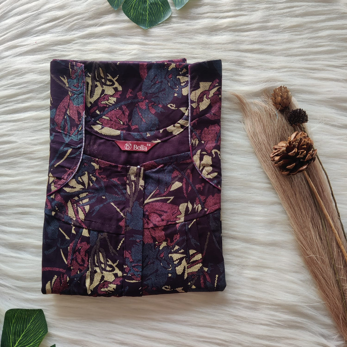 Cream Printed Wine Discharge Cotton Pleated Zip Nighty | Chest Width 44″ | Length 54″-55″