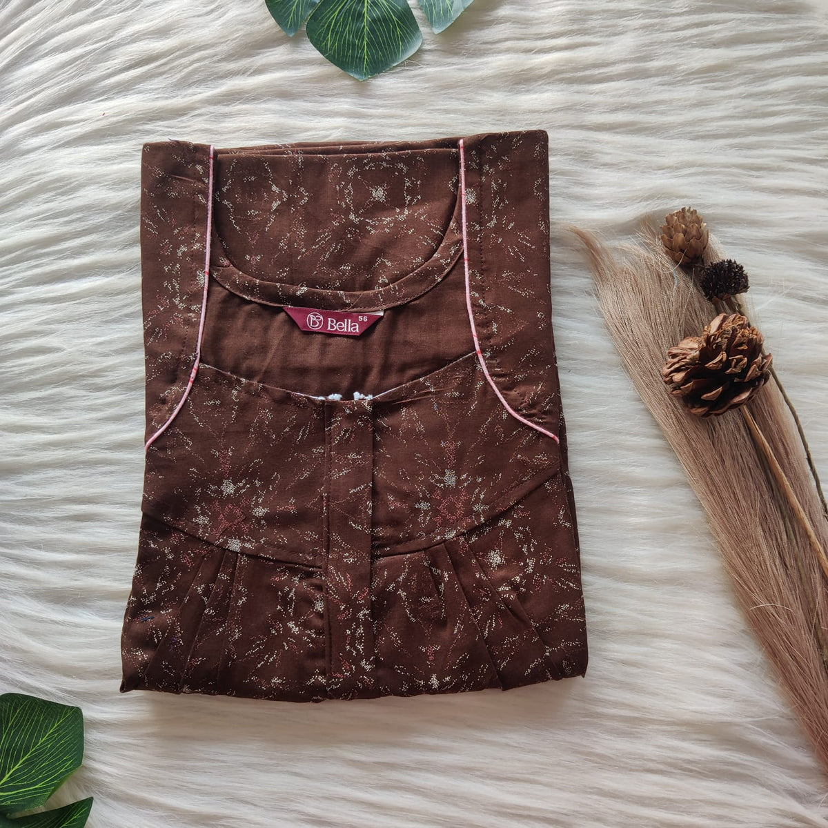Brown Printed Discharge Cotton Pleated Zip Nighty | Chest Width 44″ | Length 54″-55″