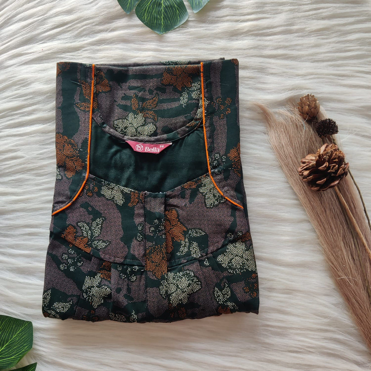 Orange Printed Green Discharge Cotton Pleated Zip Nighty | Chest Width 44″ | Length 54″-55″