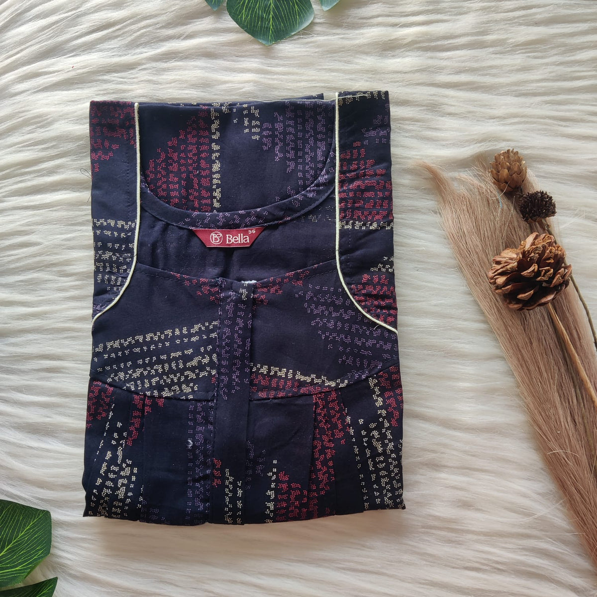Cream Printed Navy Blue Discharge Cotton Pleated Zip Nighty | Chest Width 44″ | Length 54″-55″