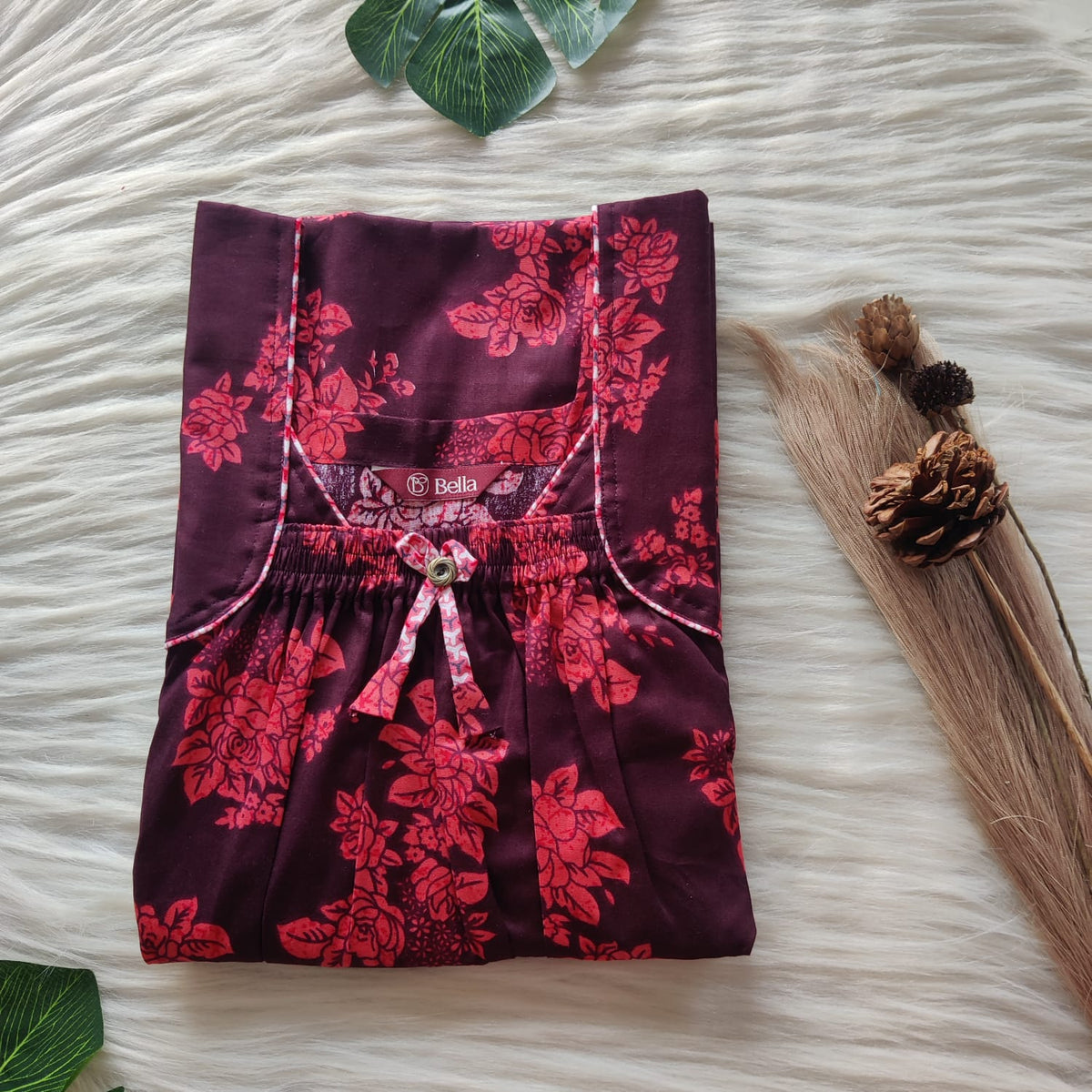 Pink Floral Printed Coffee Brown Premium Cotton Front Elastic Pleated Nighty | Free Size | Chest Width 44″| Length 56″