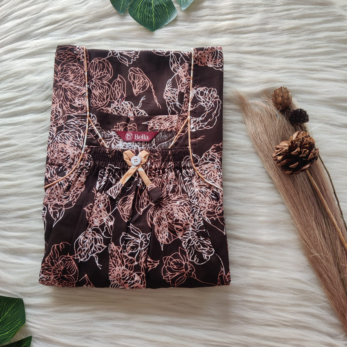 Brown Floral Printed Premium Cotton Front Elastic Pleated Nighty | Free Size | Chest Width 44″| Length 56″