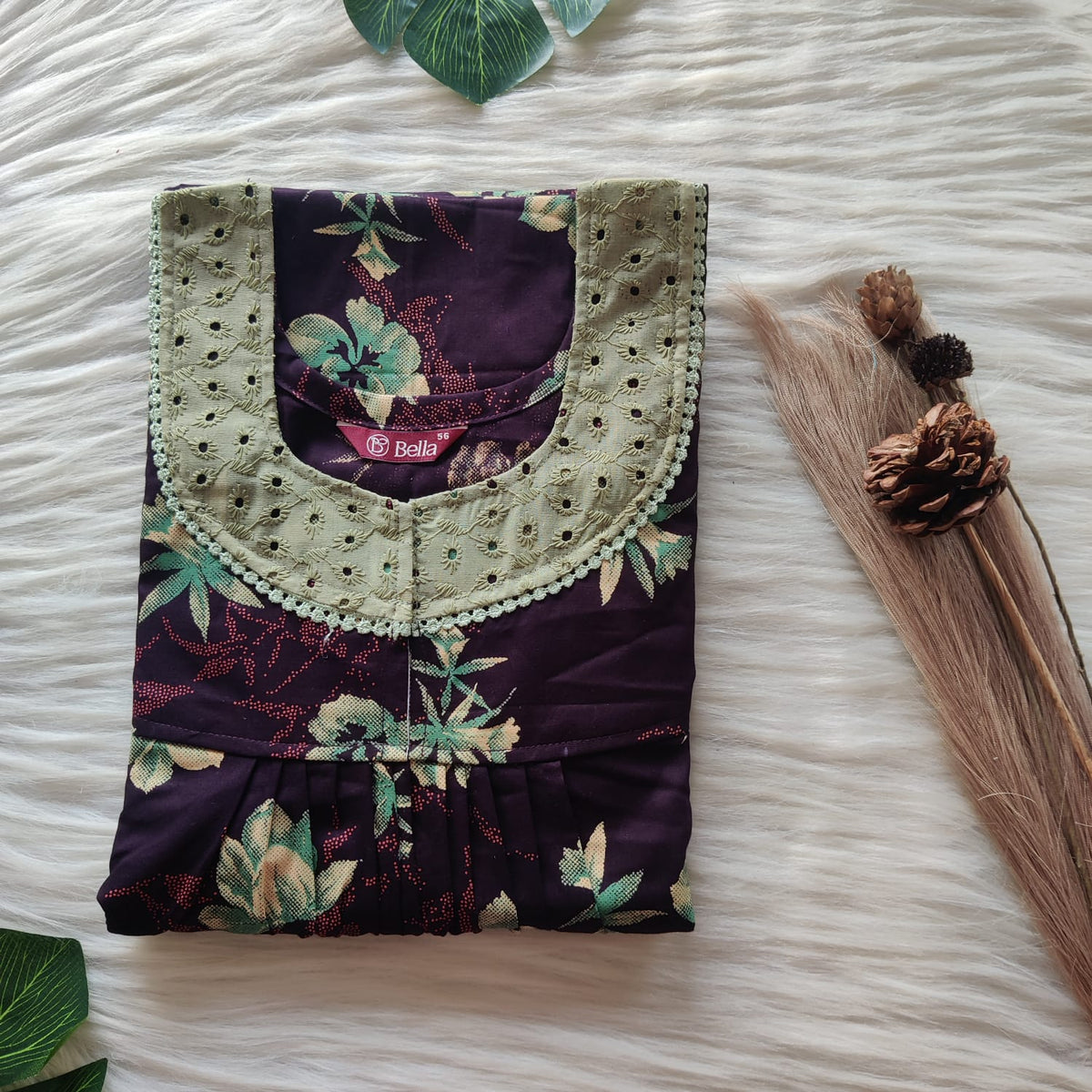Green Floral Printed Coffee Brown Discharge Cotton Hakoba Lace Nighty | Free Size | Chest Width 44″| Length 54″-56″