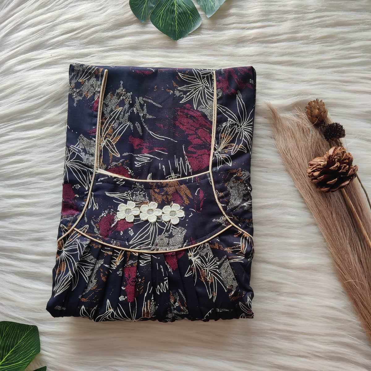 Cream Printed Navy Blue Discharge Cotton Three Flower Nighty |Free Size | Chest Width 44"| Length 54"-55"