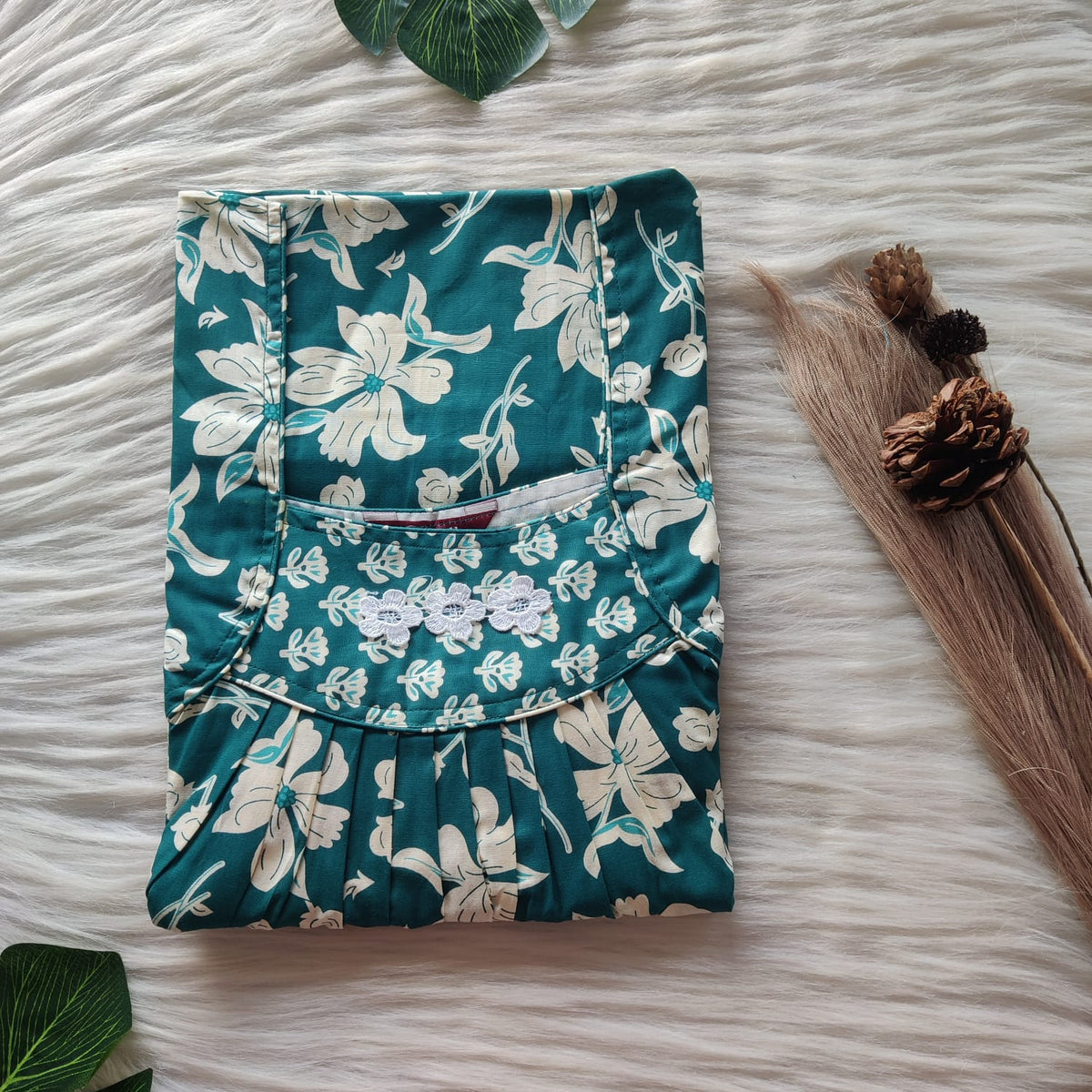 White Floral Printed Green Premium Cotton Three Flower Nighty |Free Size | Chest Width 44"| Length 54"-55"