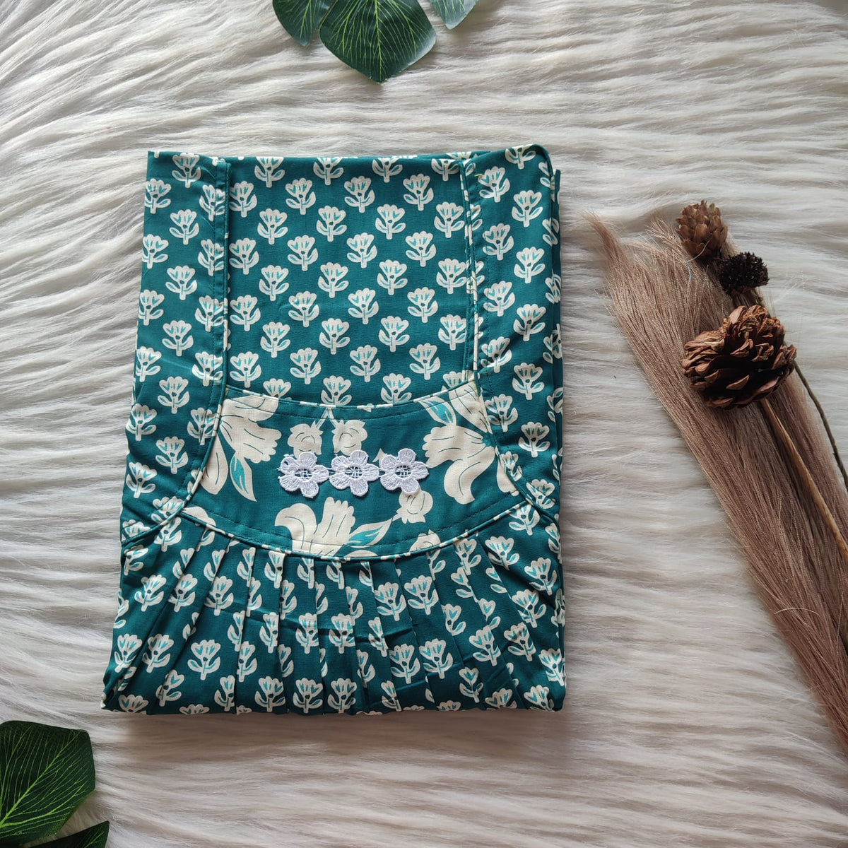 Green Printed Premium Cotton Three Flower Nighty |Free Size | Chest Width 44"| Length 54"-55"