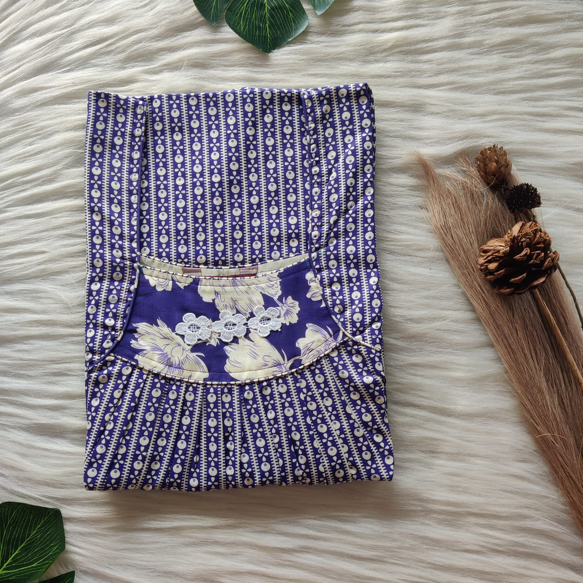 White Printed Violet Premium Cotton Three Flower Nighty |Free Size | Chest Width 44"| Length 54"-55"