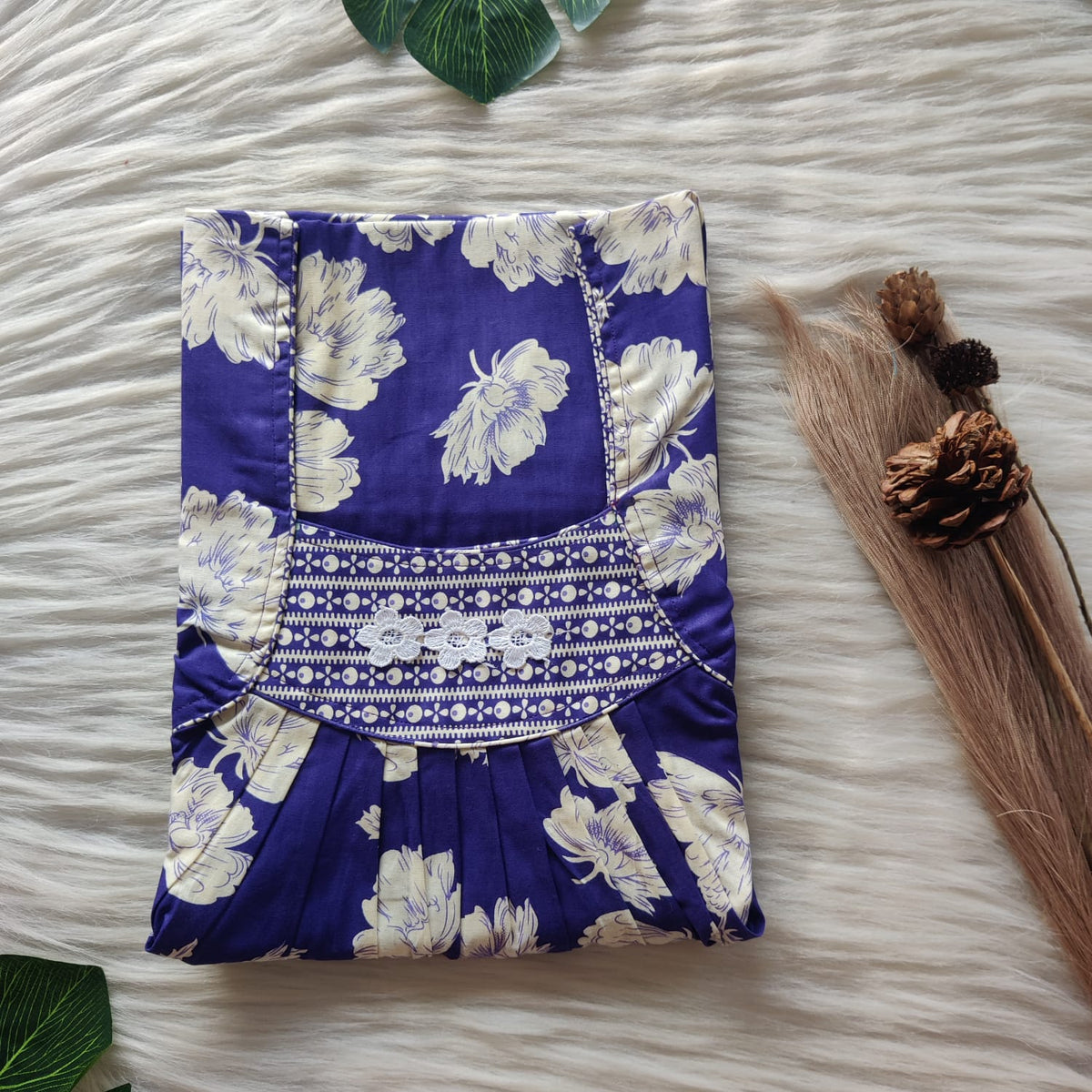 White Floral Printed Violet Premium Cotton Three Flower Nighty |Free Size | Chest Width 44"| Length 54"-55"