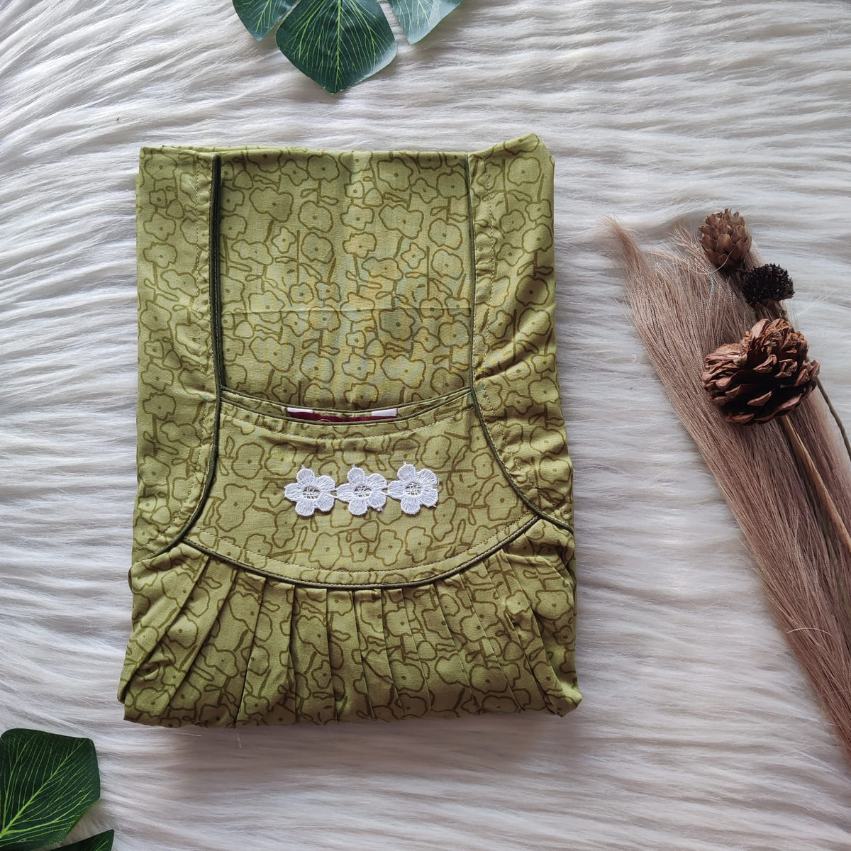 Green Printed Premium Cotton Three Flower Nighty |Free Size | Chest Width 44"| Length 54"-55"